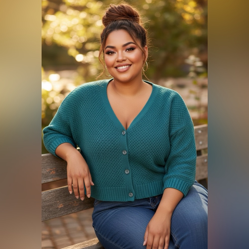 Sahalie Teal Textured Knit Cardigan 3X Plus Size Button Front